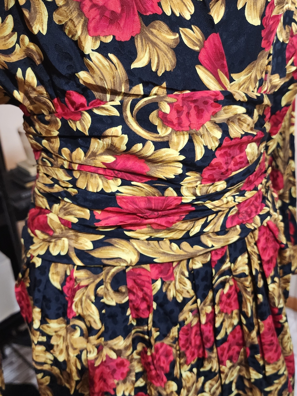 Vintage 80s MAGGY LONDON 100% Silk Baroque Floral Runway Dress Size 4 - Picture 5 of 8